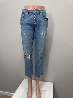 ADAPTATION Distressed Straight Crop Jeans Light Wash Raw Hem Size 25